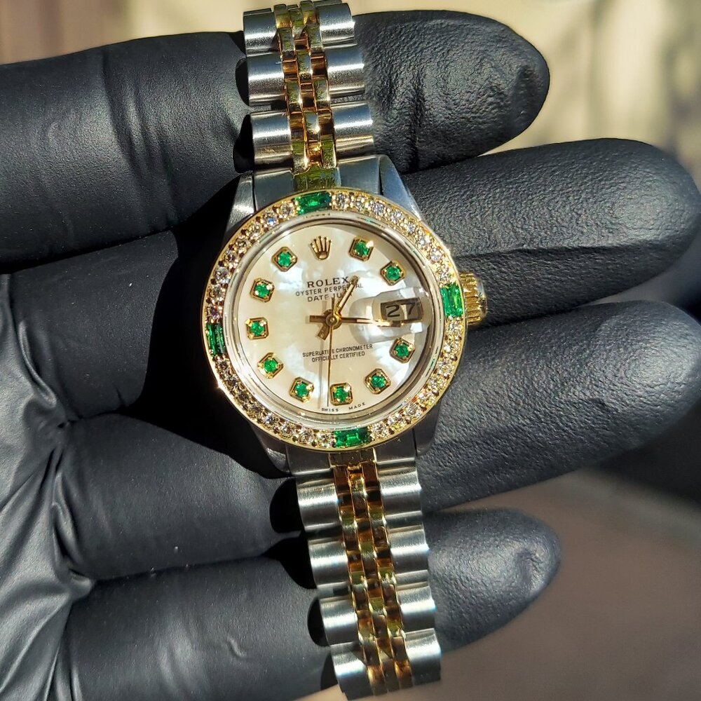 Rolex Ladies 26mm Datejust 6917 MOP Emerald two-tone Diamond jubilee